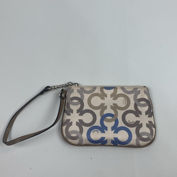 Coach Cream Blue Gray Geometric C Wristlet wallet Satin Pocket Strap
